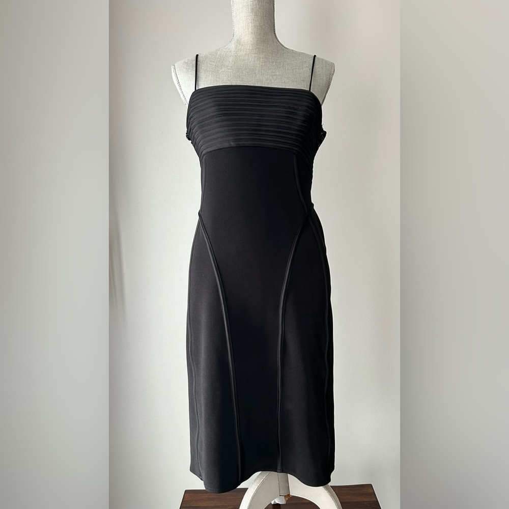 JS Collection Size 10 Black Evening Midi Dress Spaghetti Straps Satin Beads